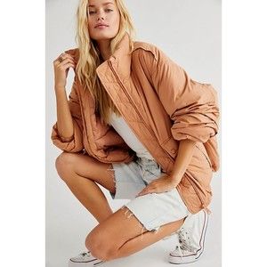 FREE PEOPLE Duvet Bomber Puffer Coat Size S Oversized Fit Zip Doe Orange B32